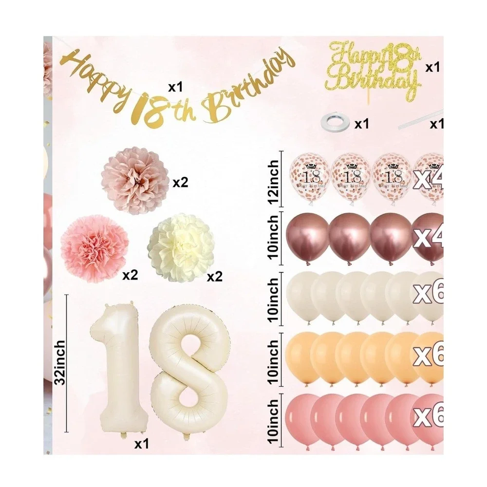 18th Birthday Decorations for Girl Retro Blush Pink Birthday Balloons Happy 1...